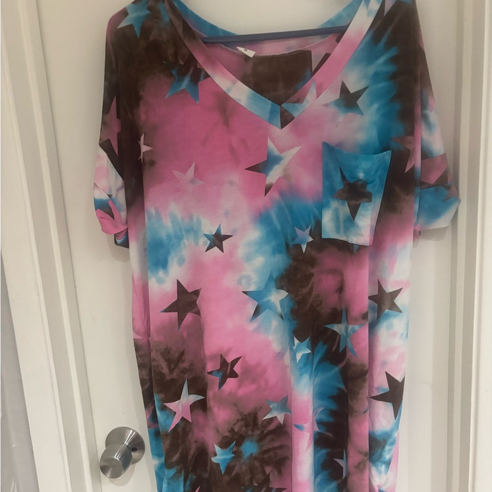 Sew In Love Pink and Blue Star Print Top